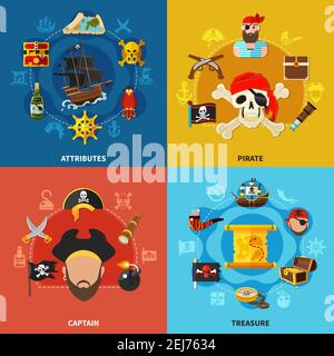 Pirate attributes, accessories of captain, treasure map and chest with gold, cartoon design concept isolated vector illustration Stock Vector