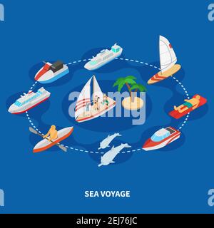 Sea voyage isometric composition with cruise ship, tourists on sail boat, dolphins on blue background vector illustration Stock Vector