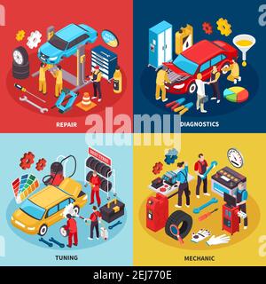 Auto service concept icons set with tuning and repair symbols isometric isolated vector illustration Stock Vector