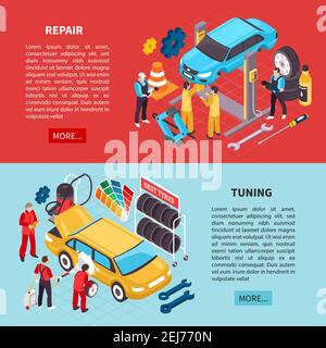 Auto service horizontal banners set with repair symbols isometric isolated vector illustration Stock Vector