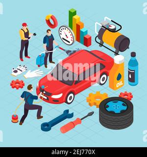 Auto service isometric concept with maintenance and repair symbols vector illustration Stock Vector