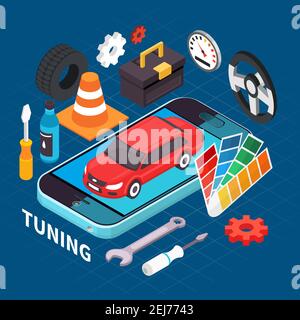 Auto service and tuning isometric concept with spare parts symbols vector illustration Stock Vector