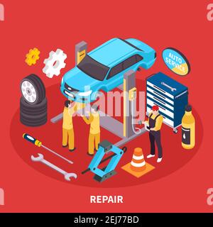 Auto service isometric concept with repair works symbols vector illustration Stock Vector