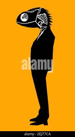 Cartoon illustration of funny man with reptile head dressed up in black suit Stock Photo