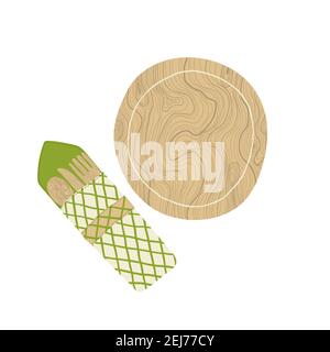 Eco friendly set of dishes. Simple icon of wood cutlery set and plate. Free plastic. Zero waste concept in cartoon flat design. Stock Vector