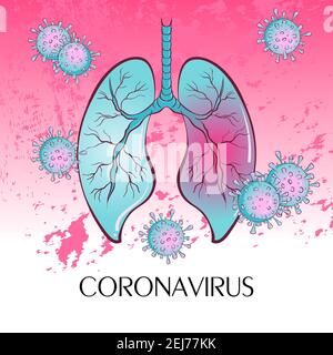 Pandemic medical concept with dangerous cells. The virus enters the human lungs. Vector illustration. Stop coronavirus. Danger and public health risk disease and flu outbreak. Stock Vector
