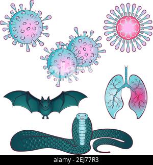 Pandemic medical concept with dangerous cells. Set with viruses and probable carriers of infections bat and snake. Vector illustration. Stop coronavirus. Danger and public health risk disease and flu Stock Vector