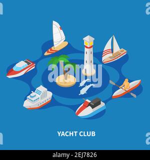 Yacht club isometric round composition on blue background with sail and motor boats, tug, lighthouse vector illustration Stock Vector