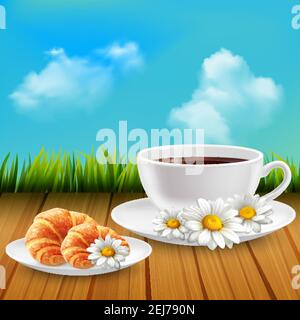 Daisy realistic breakfast composition with cup of coffee and a croissant and flowers scattered around vector illustration Stock Vector