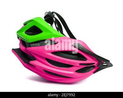 Female multicolor bicycle helmet upside down. Isolated on white background with shadow Stock Photo