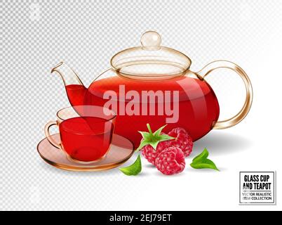Glass teapot and cup with tea. Raspberry tea. Realistic vector, 3d illustration. Stock Vector