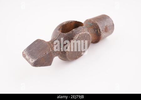 old hammer with wooden handle on white background Stock Photo