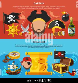 Horizontal cartoon banners with pirate treasure, bearded captain with accessories, isolated on red blue background vector illustration Stock Vector