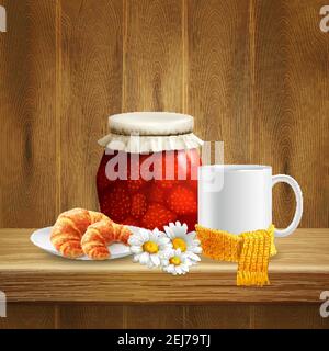 Daisy flower realistic composition with jar of jam mug of tea and with scattering of flowers vector illustration Stock Vector