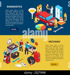 Car service horizontal banners set with diagnostics symbols isometric isolated vector illustration Stock Vector