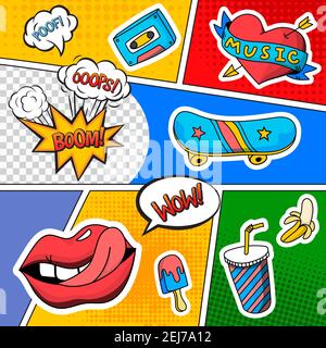 Comic book page with emotions and sound effects on colorful divided background with various objects vector illustration Stock Vector