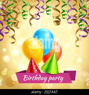 Birthday party accessories with glittering cone hats serpentine streamers and balloons realistic invitation card poster vector illustration Stock Vector