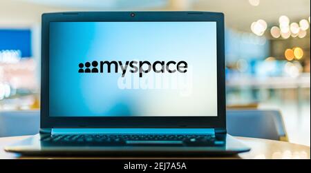 POZNAN, POL - AUG 8, 2020: Laptop computer displaying logo of Myspace, an American social networking service Stock Photo