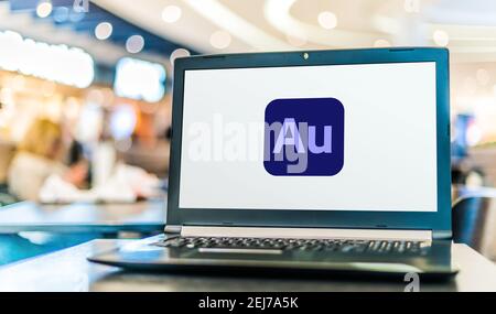 POZNAN, POL - AUG 8, 2020: Laptop computer displaying logo of Adobe Audition, a digital audio workstation from Adobe Systems Stock Photo