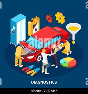 Auto service equipment isometric concept with diagnostocs symbols vector illustration Stock Vector
