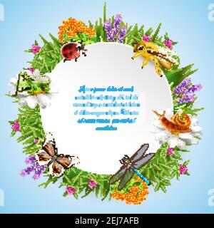 Insects in grass with wild flowers realistic round frame with ladybirds bee grasshopper and text vector illustration Stock Vector