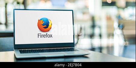 POZNAN, POL - SEP 23, 2020: Laptop computer displaying logo of Firefox, a free and open-source web browser. Stock Photo
