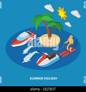 Summer holiday isometric composition with motor yacht, jet ski, island with palm tree, dolphins vector illustration Stock Vector