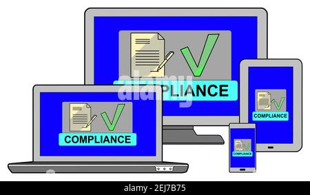 Compliance concept shown on different information technology devices Stock Photo