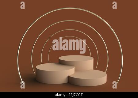 Simple and clean 3D podium composition for products presentation in brown tones with golden rings. Stock Photo