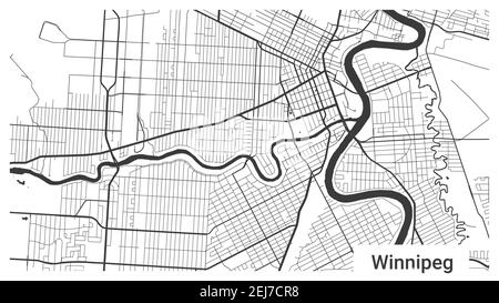Map of Winnipeg city, Manitoba, Canada. Horizontal background map poster black and white land, streets and rivers. 1920 1080 proportions. Royalty free Stock Vector