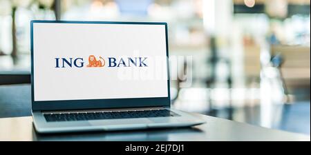 POZNAN, POL - SEP 23, 2020: Laptop computer displaying logo of The ING Group, a Dutch multinational banking and financial services corporation headqua Stock Photo