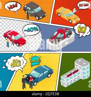 Comic book page with cars sale, bubbles with expression of emotions on colorful divided background vector illustration Stock Vector