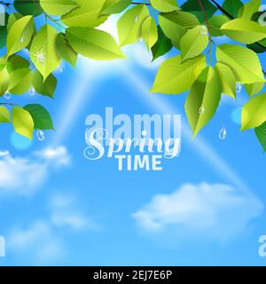 Spring time realistic poster with rain drops falling from green leaves on cloudy sky background vector illustration Stock Vector
