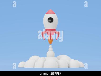 3D Rendering Rocket Launch with Smoke on Blue Background Stock Photo