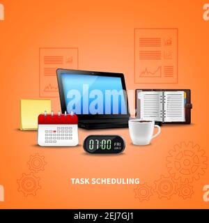 Orange time management realistic with task scheduling headline and attributes of work vector illustration Stock Vector