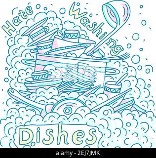 Sink with dirty dishes, vector illustration. Washing-up and cleaning, dishwashing Stock Vector