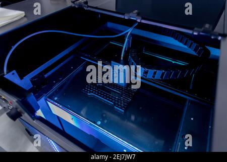 3D printer with nylon and plastic printing, model plate. Stock Photo