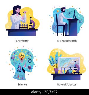 Science concept 4 colorful abstract icons  with ideas symbols and research chemistry laboratory staff isolated vector illustration Stock Vector