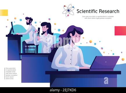 Science abstract colorful composition poster with young researches in lab with test tubes behind computers vector illustration Stock Vector