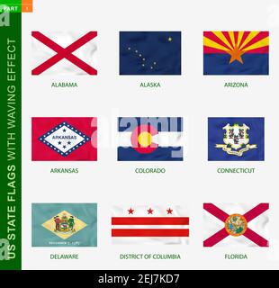 Set of US state flags with waving effect, national flag with texture. US States vector flag of Alabama, Alaska, Arizona, Arkansas, Colorado, Connectic Stock Vector