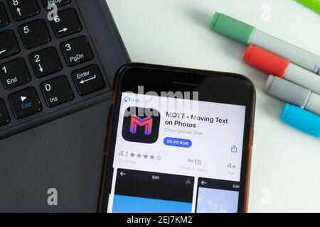New York, USA - 17 February 2021: MOTT moving text on photos mobile app icon on phone screen, Illustrative Editorial Stock Photo