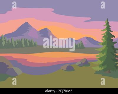 Mountain lake sunset graphic color landscape illustration vector Stock Vector