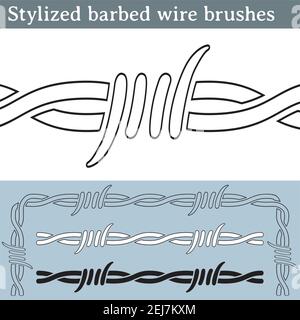 Brushes for Illustrator to draw barbed wire with a stylized look. Three different versions: unfilled, with white fill and in silhouette. Stock Vector