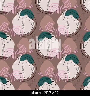 Seamless pattern with single line drawing of woman portrait with moon and stars with abstract geometric neutral shapes Stock Vector