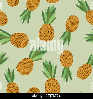 Seamless pattern with pineapple. Cartoon tropical colorful fruits on green background. Ananas, pine. Food concept. Template design for invitation Stock Vector