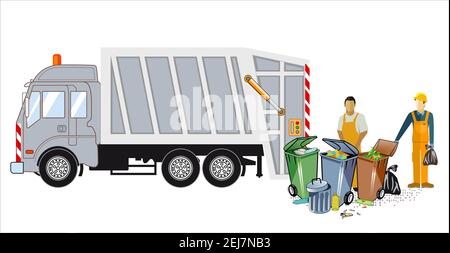 Garbage truck with workers and garbage bags Stock Vector