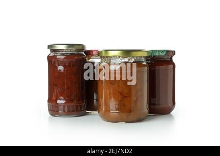 Jars with different canned jam isolated on white background Stock Photo