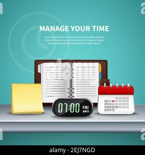 Time management realistic colored composition with different elements on manage your time theme vector illustration Stock Vector