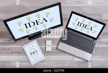 Idea concept shown on different information technology devices Stock Photo