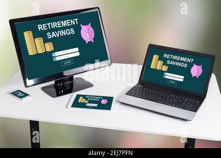 Retirement savings concept shown on different information technology devices Stock Photo